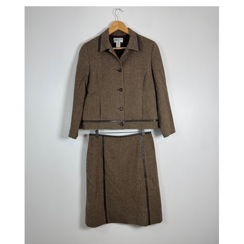 Dark Academia Pendleton Women 8P/12P Skirt Suit Brown Wool Leather Trim Tweed